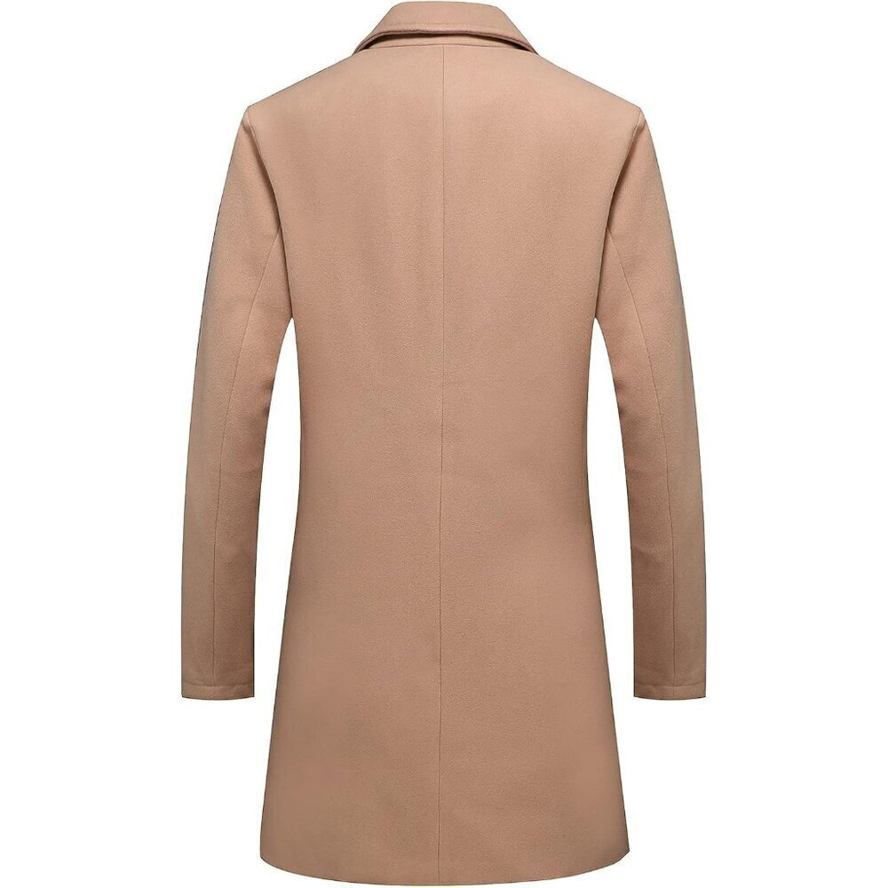 🆕Men's Khaki Classic Wool Blend Single-Breasted Mid-Length Trench Overcoat - Picture 2 of 7